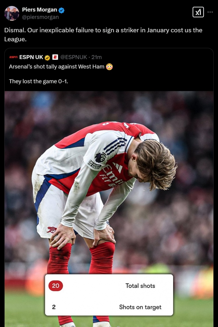 20腳射門僅2射正！摩根吐槽：冬窗不買前鋒葬送了阿森納的冠軍