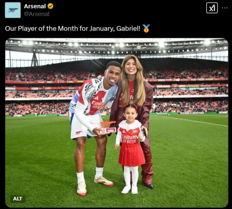 后防中堅！阿森納官方：加布里埃爾當選隊內1月份最佳球員