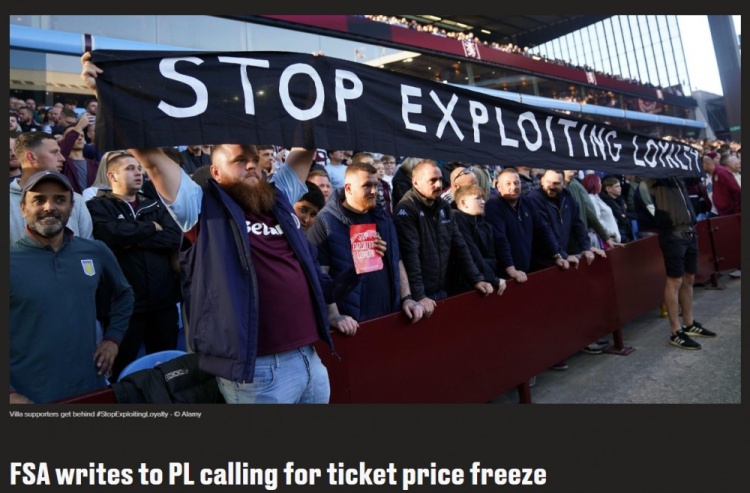 球迷組織FSA：已致信英超，呼吁在2025/26賽季前凍結(jié)聯(lián)賽票價(jià)