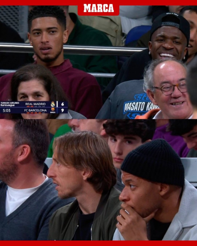 國王杯取勝后，姆巴佩&貝林&維尼修斯等現(xiàn)場觀看歐冠男籃國家德比