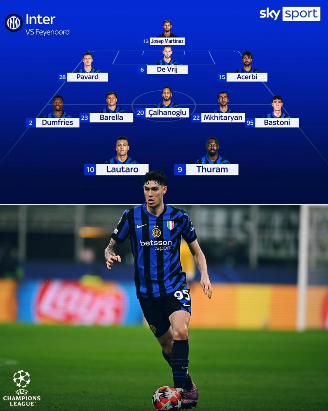 天空預測國米vs費耶諾德首發(fā)：帕瓦爾出戰(zhàn)，巴斯托尼頂替迪馬爾科