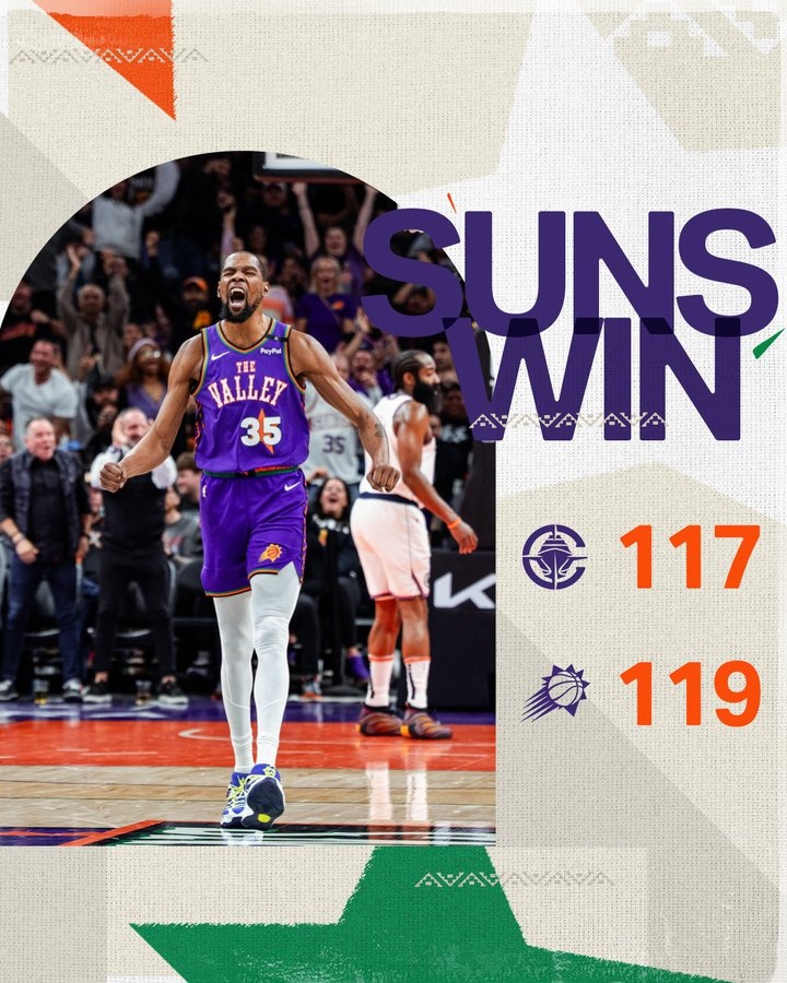 當記首功！太陽官方曬贏球海報 杜蘭特振臂怒吼 哈登成為背景