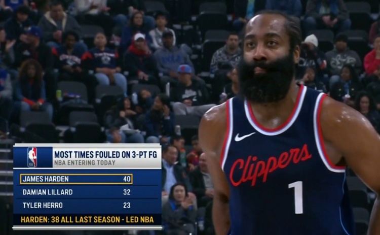 外線殺傷力十足！哈登本場之前40次三分被犯規(guī)領(lǐng)跑聯(lián)盟
