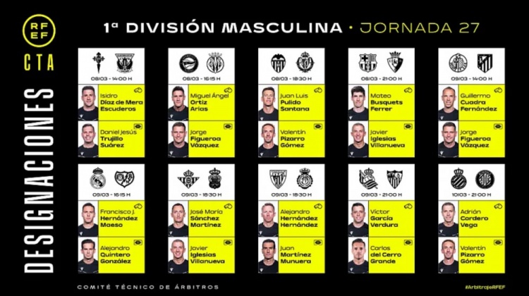 西甲第27輪裁判：費雷爾主裁巴薩VS奧薩蘇納，梅索執(zhí)法皇馬