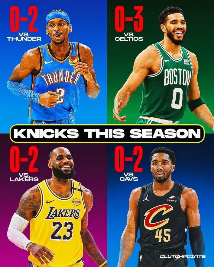 欺軟怕硬？尼克斯本季對(duì)聯(lián)盟前四騎士/雷霆/綠軍/湖人共0勝9負(fù)