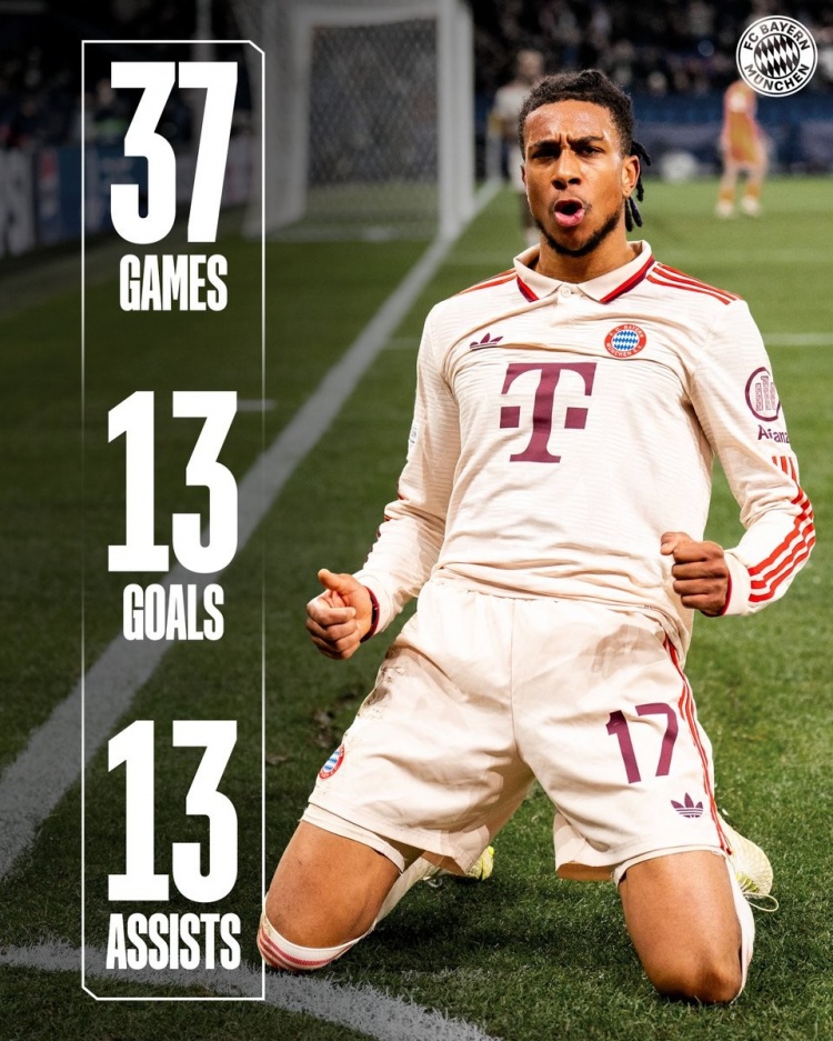 預(yù)訂拜仁賽季最佳引援？23歲奧利塞各項(xiàng)賽事37場(chǎng)13球13助攻