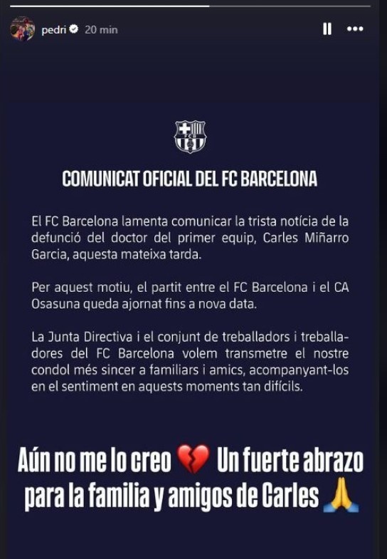 痛心！特爾施特根、佩德里、加維等球員社媒發(fā)文哀悼離世隊(duì)醫(yī)