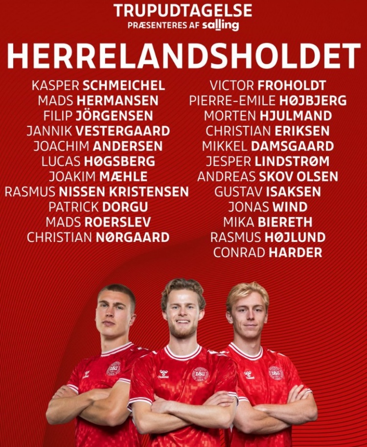 丹麥公布國家隊球員名單，霍伊倫領(lǐng)銜，小舒梅切爾、埃里克森在列