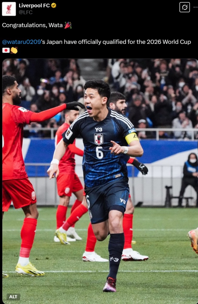 利物浦官推曬遠(yuǎn)藤航照片，祝賀其隨日本隊提前晉級世界杯