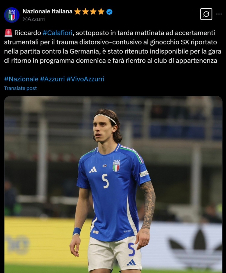 意大利隊官方：卡拉菲奧里左膝扭傷+挫傷，將返回阿森納