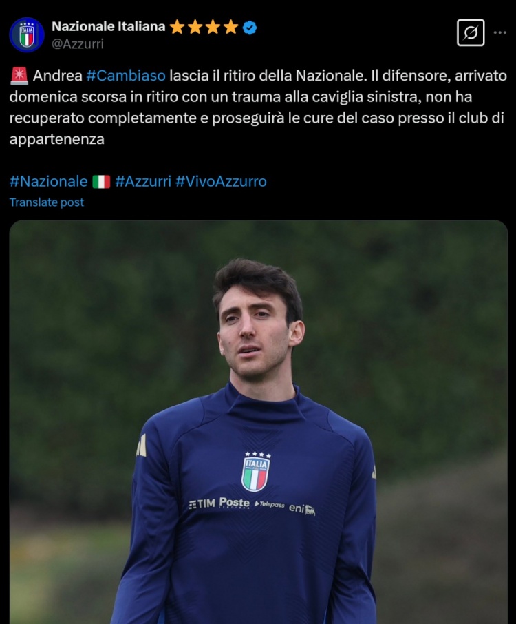 意大利隊(duì)官方：坎比亞索因左腳踝傷勢(shì)退出本期國(guó)家隊(duì)，將返回尤文