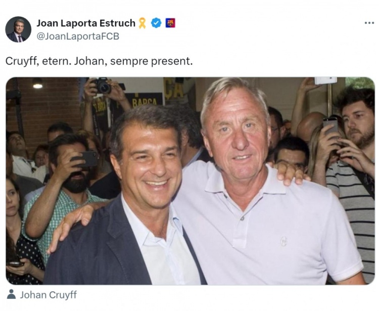 克魯伊夫逝世九周年，拉波爾塔社媒曬合照悼念：永恒不朽