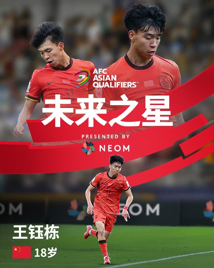 亞洲杯官方社媒發(fā)布王鈺棟個人海報：青年軍的旗幟，飄揚在前哨