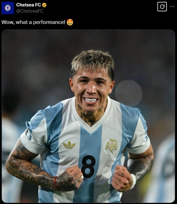 切爾西官推曬恩佐在阿根廷隊(duì)的照片：哇哦，多么出色的表現(xiàn)！