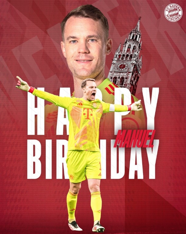 德國隊和拜仁為39歲諾伊爾慶生，他拿到過2次歐冠和1次世界杯