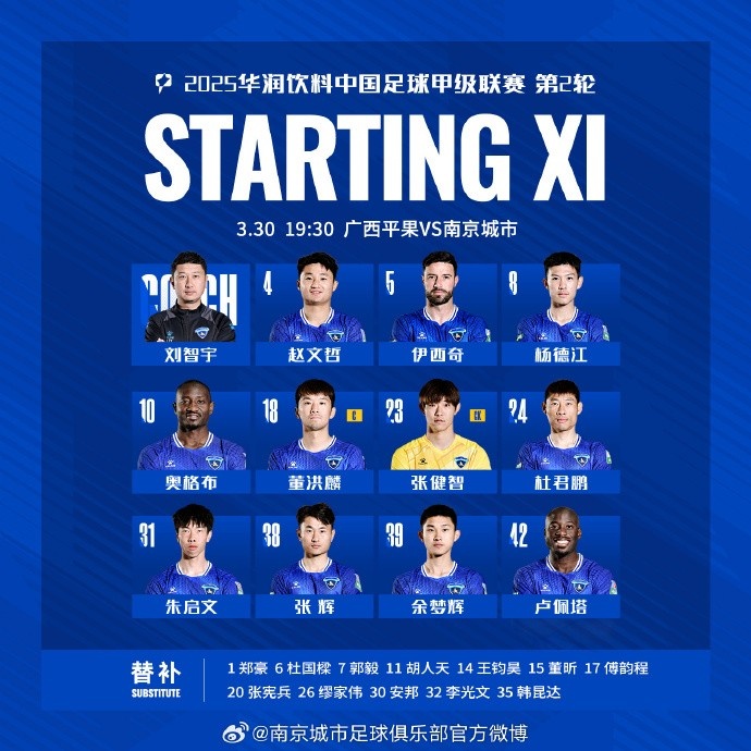 南京城市2025賽季客場(chǎng)首戰(zhàn)首發(fā)陣容！