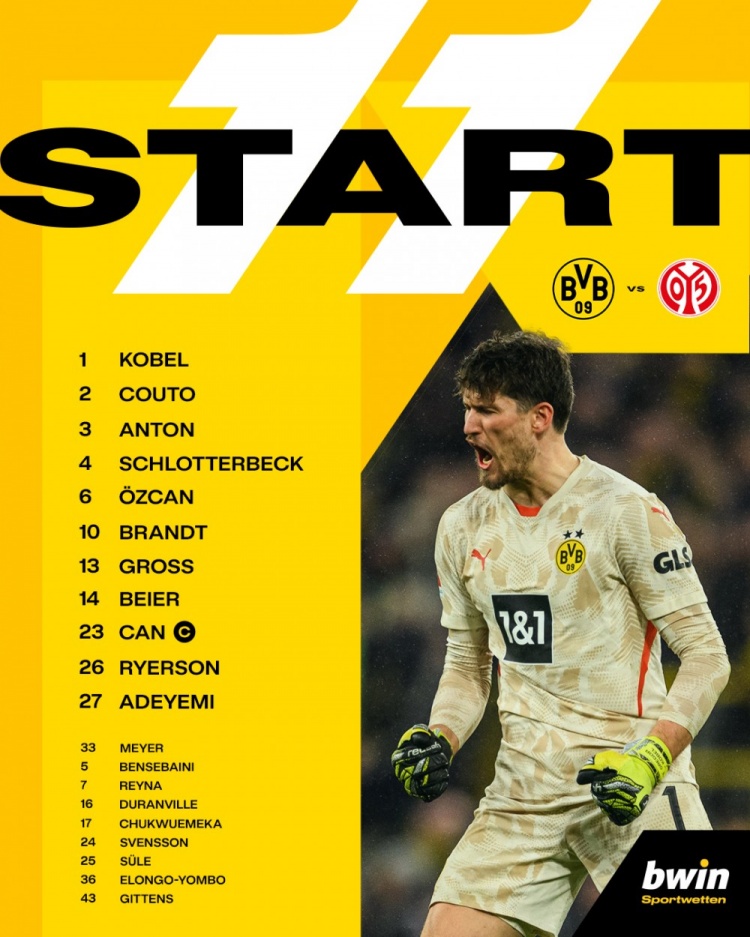 多特vs美因茨首發(fā)：阿德耶米、拜爾搭檔前鋒，布蘭特首發(fā)