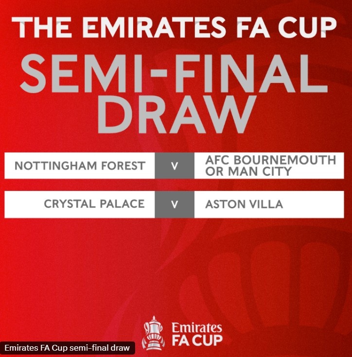 足總杯半決賽抽簽結(jié)果：曼城&伯恩茅斯勝者對森林，水晶宮vs維拉